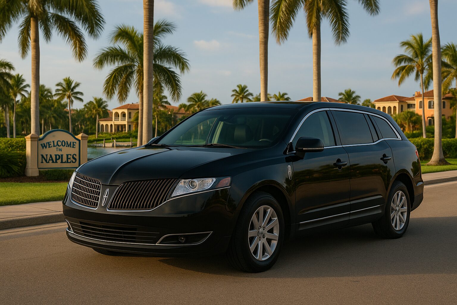 SP Prestige's black luxury sedan parked by the Welcome to Naples sign